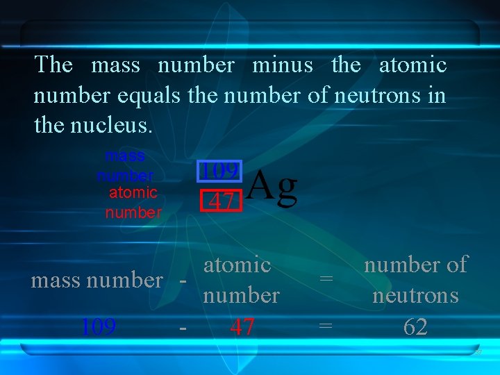 The mass number minus the atomic number equals the number of neutrons in the
