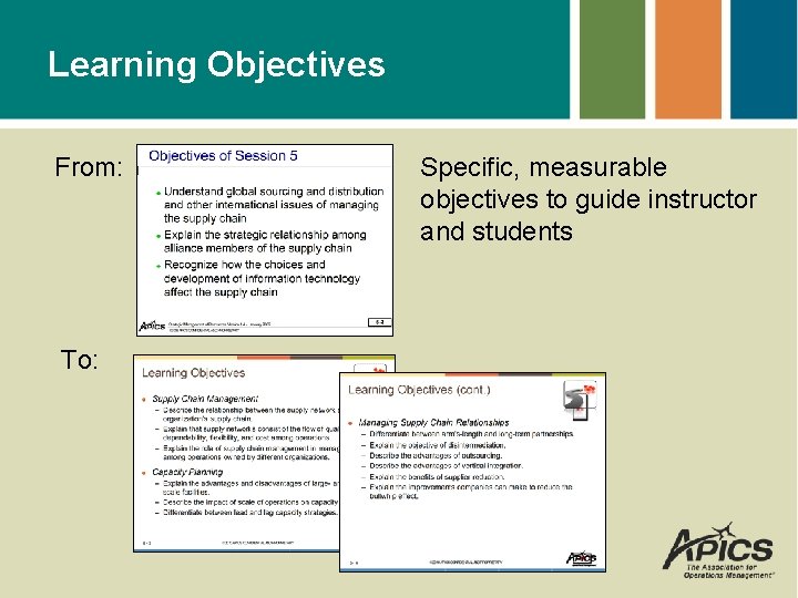 Learning Objectives From: To: Specific, measurable objectives to guide instructor and students 