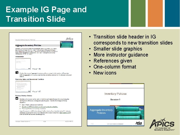 Example IG Page and Transition Slide • Transition slide header in IG corresponds to