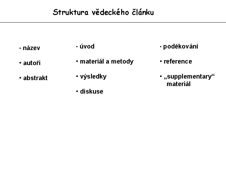 Struktura vědeckého článku • název • úvod • poděkování • autoři • materiál a