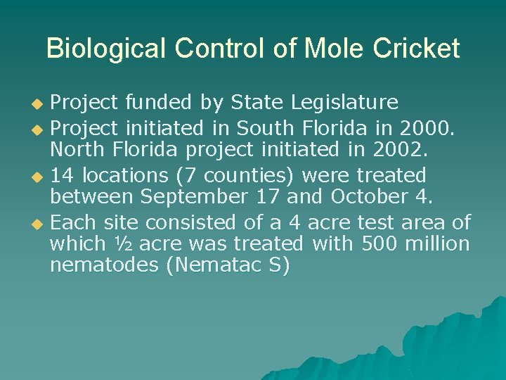 Biological Control of Mole Cricket Project funded by State Legislature u Project initiated in