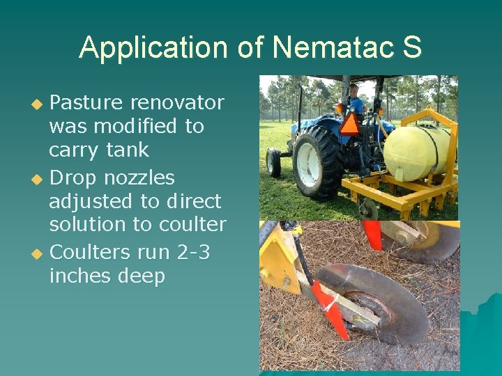 Application of Nematac S Pasture renovator was modified to carry tank u Drop nozzles