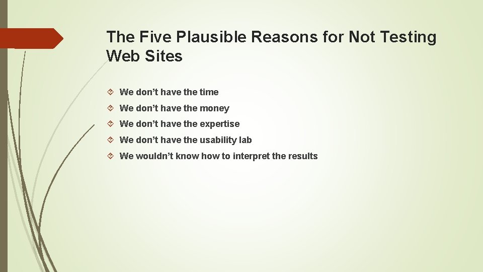 The Five Plausible Reasons for Not Testing Web Sites We don’t have the time