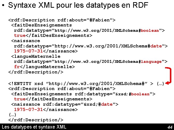  • Syntaxe XML pour les datatypes en RDF <rdf: Description rdf: about="#Fabien"> <fait.