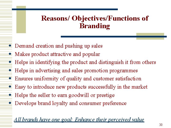 Reasons/ Objectives/Functions of Branding w w w w Demand creation and pushing up sales