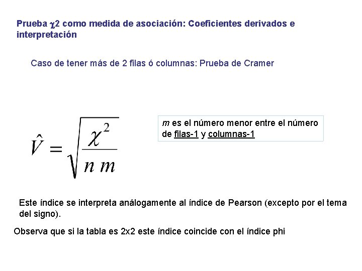 Prueba c 2 como medida de asociación: Coeficientes derivados e interpretación Caso de tener