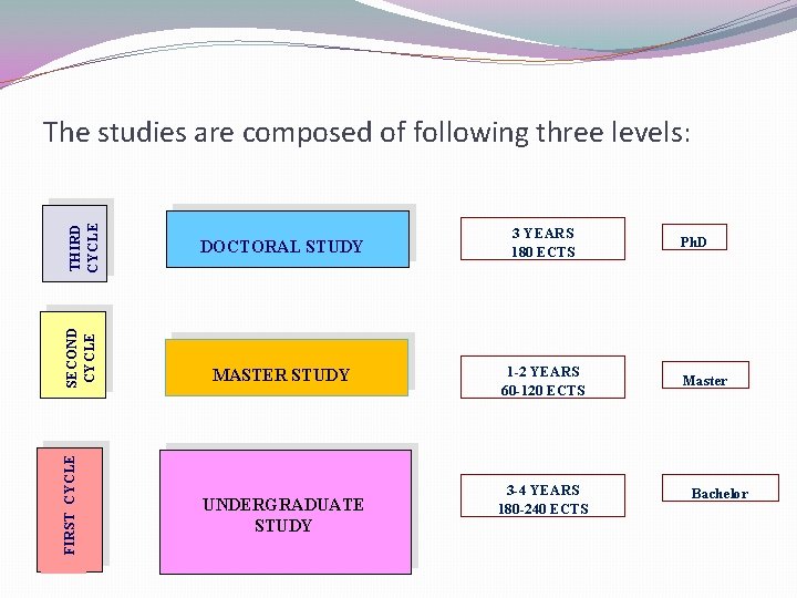 FIRST CYCLE SECOND CYCLE THIRD CYCLE The studies are composed of following three levels: