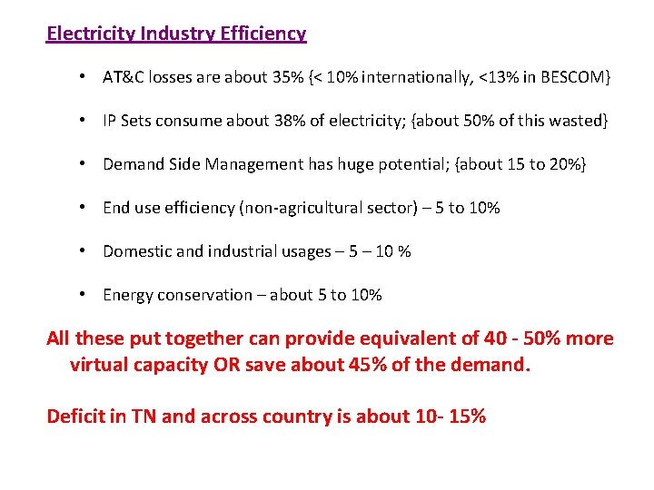 Electricity Industry Efficiency • AT&C losses are about 35% {< 10% internationally, <13% in