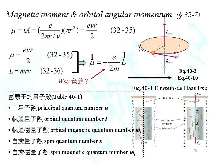 Magnetic moment & orbital angular momentum (§ 32 -7) Eq. 40 -3 Eq. 40