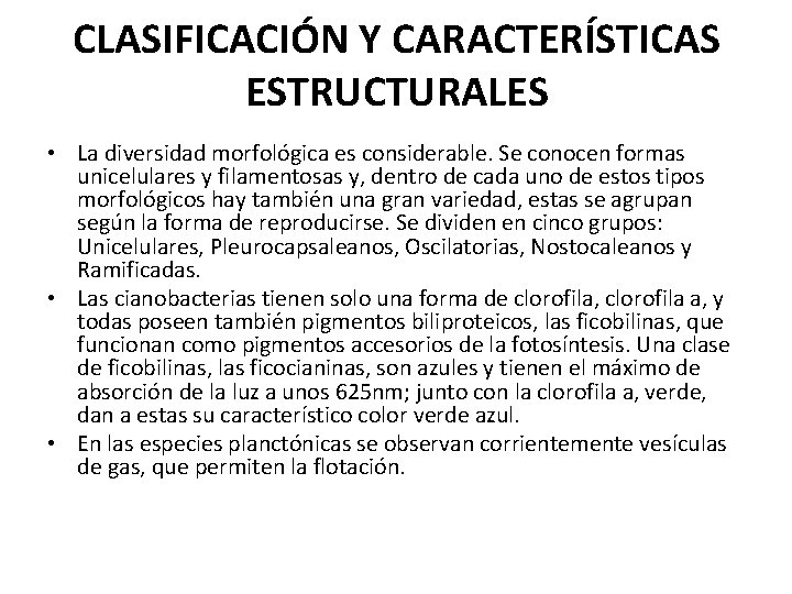 CLASIFICACIÓN Y CARACTERÍSTICAS ESTRUCTURALES • La diversidad morfológica es considerable. Se conocen formas unicelulares