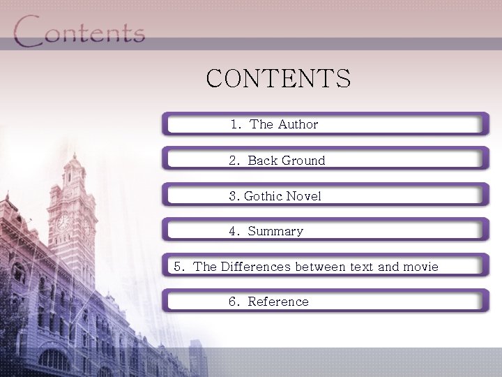 CONTENTS 1. The Author 2. Back Ground 3. Gothic Novel 4. Summary 5. The