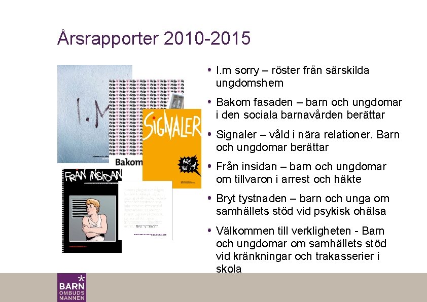 Årsrapporter 2010 -2015 I. m sorry – röster från särskilda ungdomshem Bakom fasaden –