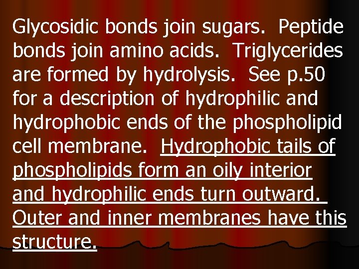 Glycosidic bonds join sugars. Peptide bonds join amino acids. Triglycerides are formed by hydrolysis.