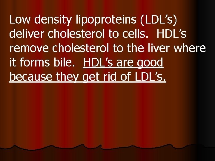 Low density lipoproteins (LDL’s) deliver cholesterol to cells. HDL’s remove cholesterol to the liver