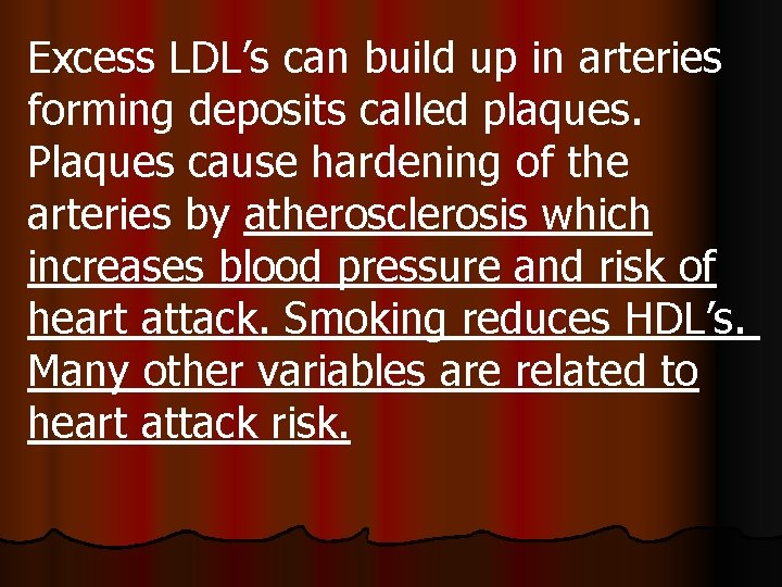 Excess LDL’s can build up in arteries forming deposits called plaques. Plaques cause hardening