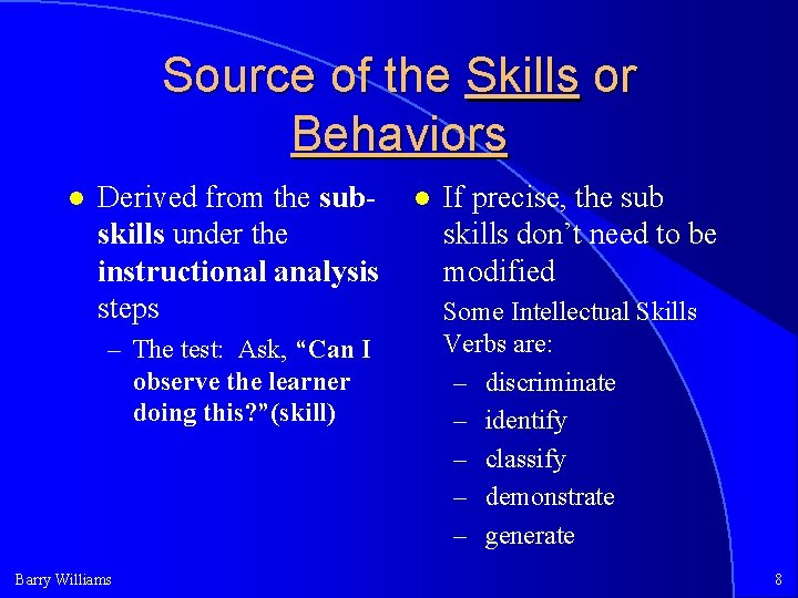 Source of the Skills or Behaviors Derived from the subskills under the instructional analysis