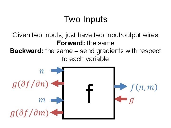 Two Inputs Given two inputs, just have two input/output wires Forward: the same Backward: