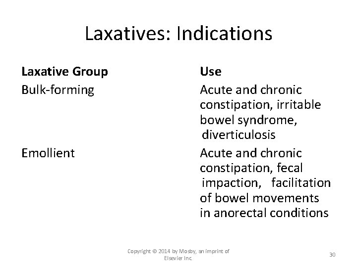 Laxatives: Indications Laxative Group Bulk-forming Emollient Use Acute and chronic constipation, irritable bowel syndrome,