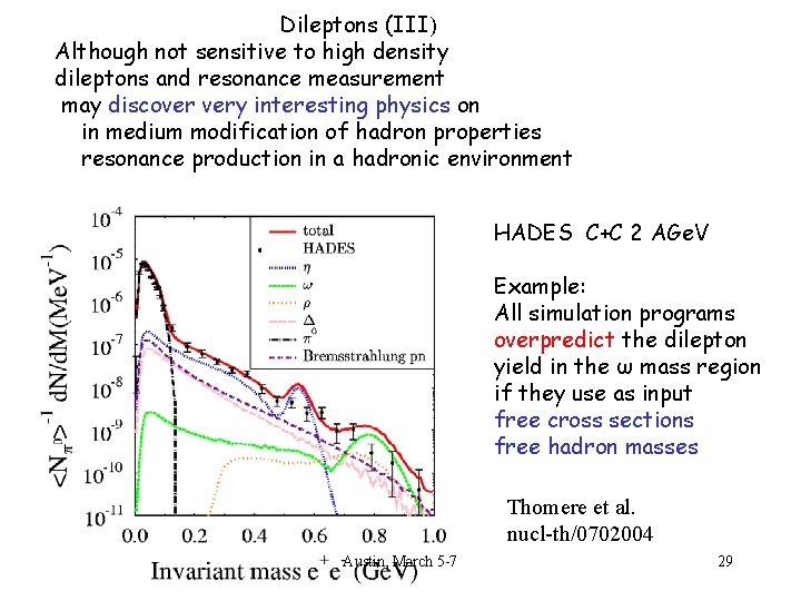 Dileptons (III) Although not sensitive to high density dileptons and resonance measurement may discover