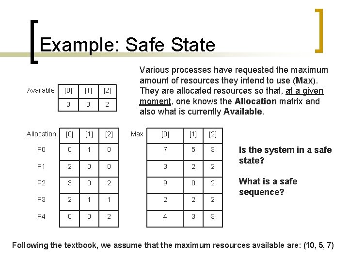 Example: Safe State Available [0] [1] [2] 3 3 2 Allocation [0] [1] [2]