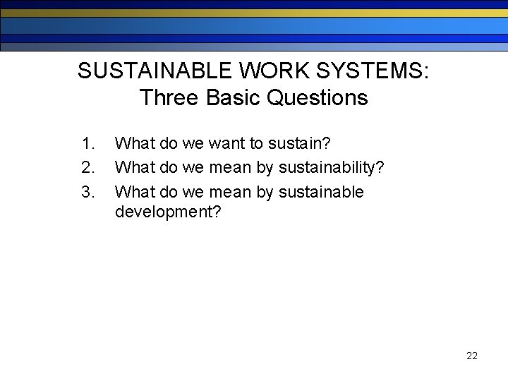 SUSTAINABLE WORK SYSTEMS: Three Basic Questions 1. 2. 3. What do we want to