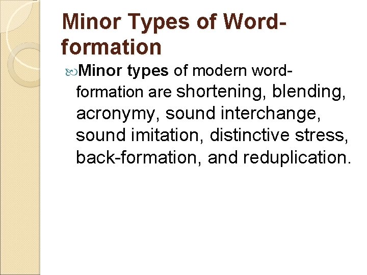 Minor Types of Wordformation Minor types of modern wordformation are shortening, blending, acronymy, sound