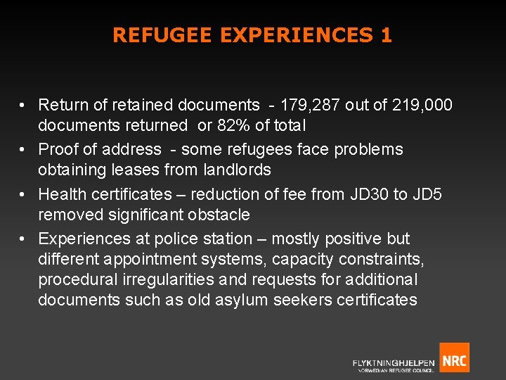 REFUGEE EXPERIENCES 1 • Return of retained documents - 179, 287 out of 219,