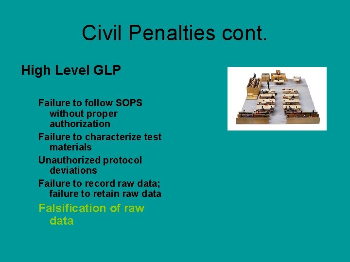 Civil Penalties cont. High Level GLP Failure to follow SOPS without proper authorization Failure