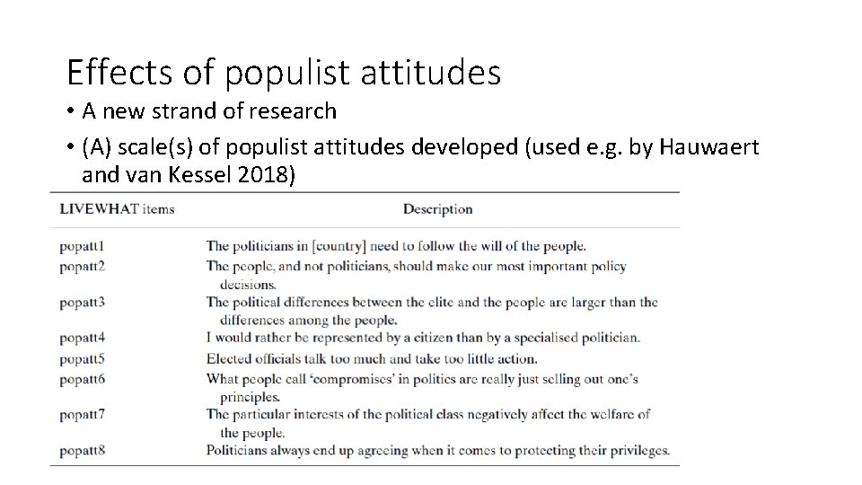 Effects of populist attitudes • A new strand of research • (A) scale(s) of