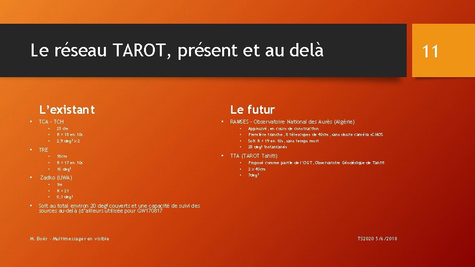 Le réseau TAROT, présent et au delà Le futur L’existant • TCA – TCH