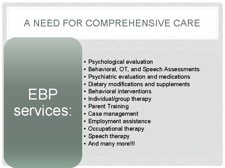 A NEED FOR COMPREHENSIVE CARE EBP services: • • • Psychological evaluation Behavioral, OT,