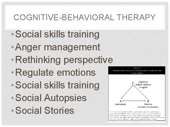 COGNITIVE-BEHAVIORAL THERAPY • Social skills training • Anger management • Rethinking perspective • Regulate