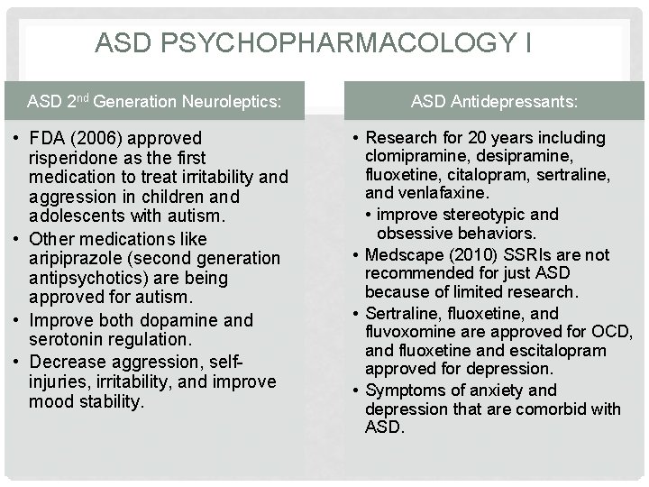 ASD PSYCHOPHARMACOLOGY I ASD 2 nd Generation Neuroleptics: ASD Antidepressants: • FDA (2006) approved