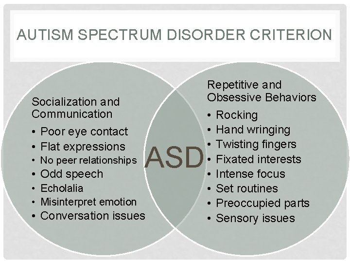 AUTISM SPECTRUM DISORDER CRITERION Socialization and Communication • Poor eye contact • Flat expressions