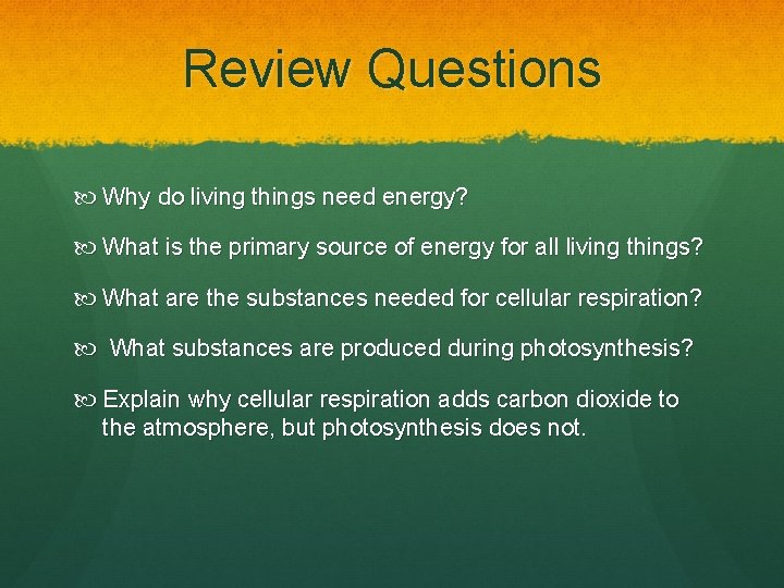 Review Questions Why do living things need energy? What is the primary source of