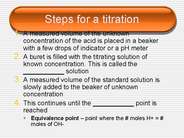 Steps for a titration 1. A measured volume of the unknown 2. 3. 4.