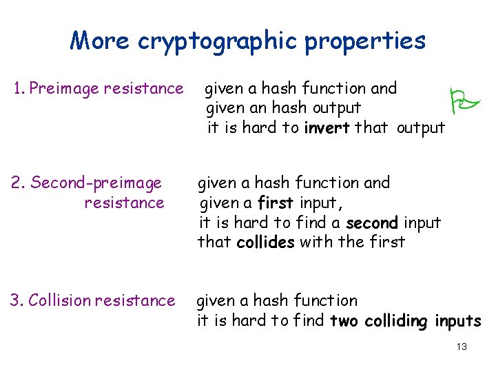 More cryptographic properties 1. Preimage resistance given a hash function and given an hash