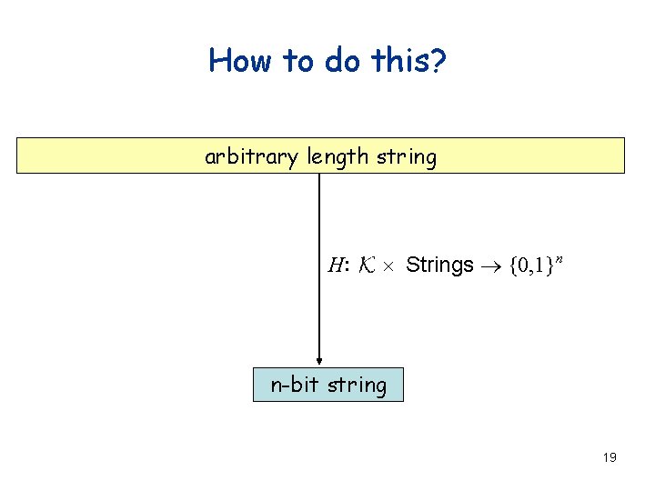 How to do this? arbitrary length string H: ´ Strings ® {0, 1}n n-bit
