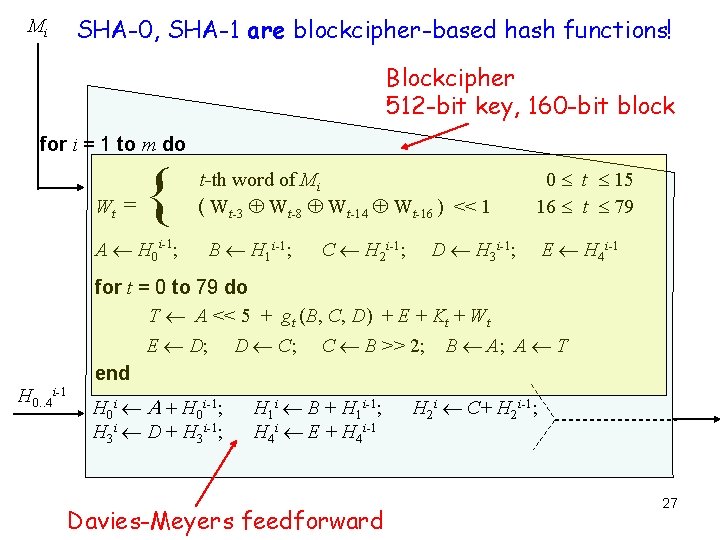 Mi SHA-0, SHA-1 are blockcipher-based hash functions! Blockcipher 512 -bit key, 160 -bit block