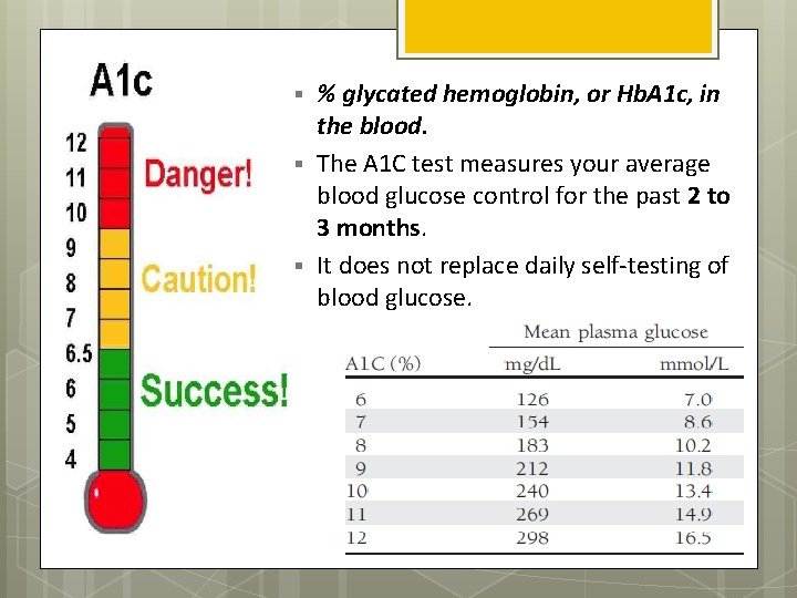 § § § % glycated hemoglobin, or Hb. A 1 c, in the blood.