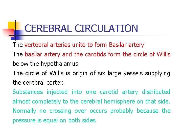 CEREBRAL CIRCULATION The vertebral arteries unite to form Basilar artery The basilar artery and