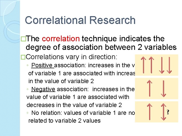 Correlational Research �The correlation technique indicates the degree of association between 2 variables �Correlations