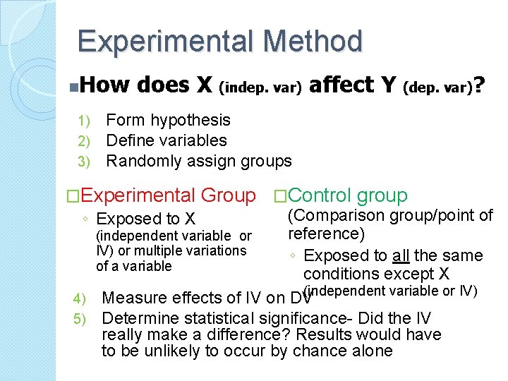 Experimental Method n How does X (indep. var) affect Y (dep. var)? 1) 2)