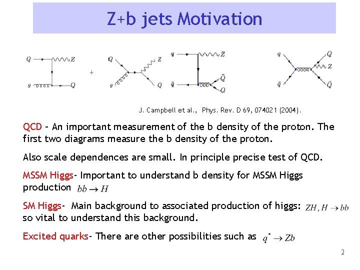 Z+b jets Motivation J. Campbell et al. , Phys. Rev. D 69, 074021 (2004).