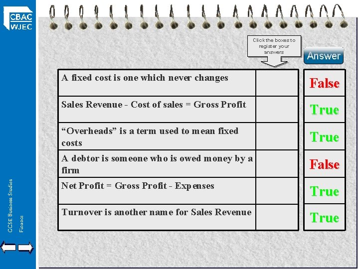 GCSE Business Studies Finance Click the boxes to register your answers Answer A fixed