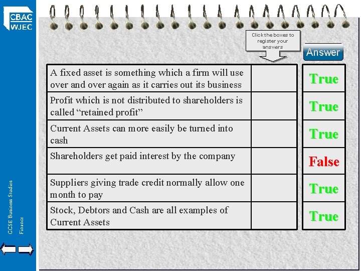 GCSE Business Studies Finance Click the boxes to register your answers Answer A fixed