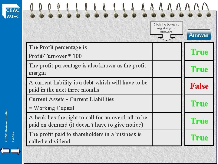 GCSE Business Studies Finance Click the boxes to register your answers Answer The Profit