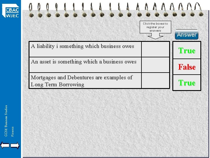 Click the boxes to register your answers A liability i something which business owes