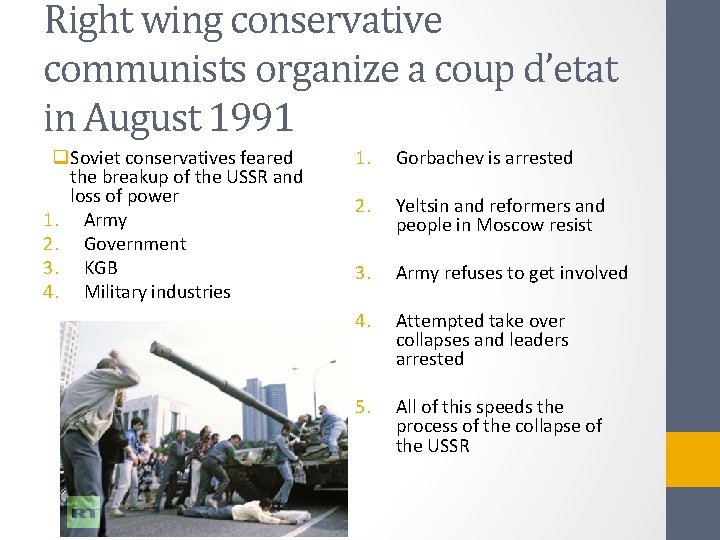 Right wing conservative communists organize a coup d’etat in August 1991 q. Soviet conservatives