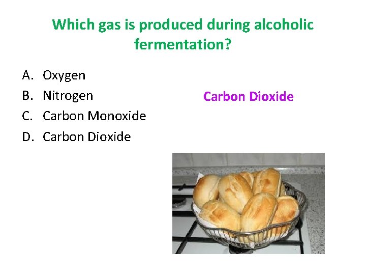 Which gas is produced during alcoholic fermentation? A. B. C. D. Oxygen Nitrogen Carbon